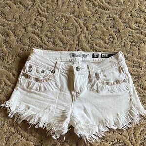 Miss Me White Frayed Hem Denim Shorts with Embellished Pockets